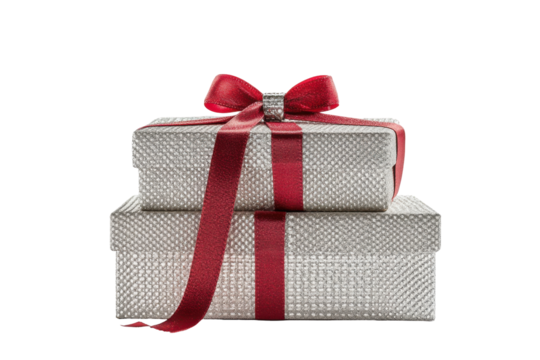 Stacked gift boxes with red ribbon isolated on transparent background. Gift box with a red ribbon bow isolated on white background. - Powered by Adobe