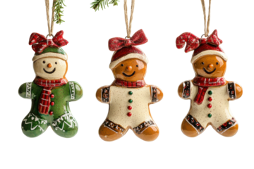 Christmas ornaments snowman and gingerbread men isolated on transparent background. Gingerbread man christmas decoration isolated on white background.