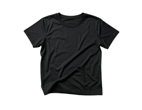 A plain black crew neck tee shirt with slight folds on a black backdrop