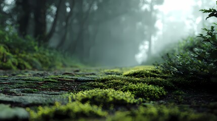Close-Up Texture of Humid, Moss-Covered Forest Floor