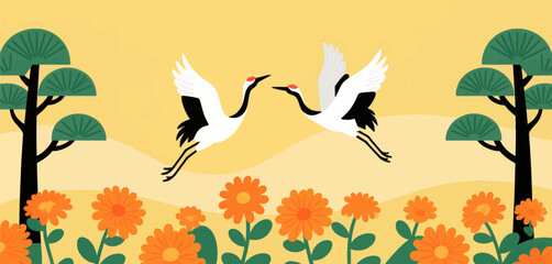 Elegant cranes dance over vibrant orange flowers in a serene, sunlit meadow with stylized trees.