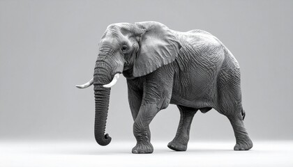 Fototapeta premium Realistic African elephant in profile view with curled trunk and visible tusks, detailed wrinkled skin, walking against light gray to white gradient background.