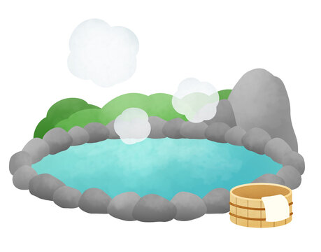 ほかほか露天風呂と温泉桶のイラスト
