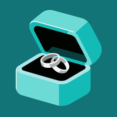 Elegant wedding rings in teal box under teal background