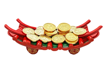 Traditional chinese wealth boat filled with gold coins isolated on transparent background. Gold coins under red house roof isolated on white background.