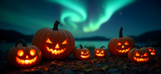 Halloween pumpkins with a blurred background of the aurora borealis