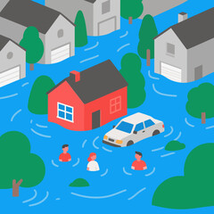 Naklejka premium Flooded neighborhood with people and car in water under bright blue sky