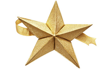 Golden star ornament with ribbon isolated on transparent background. Gold star gift bow ribbon isolated on white background.