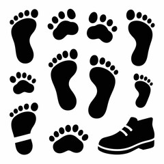 Footprints and shoe prints silhouette collection on white background