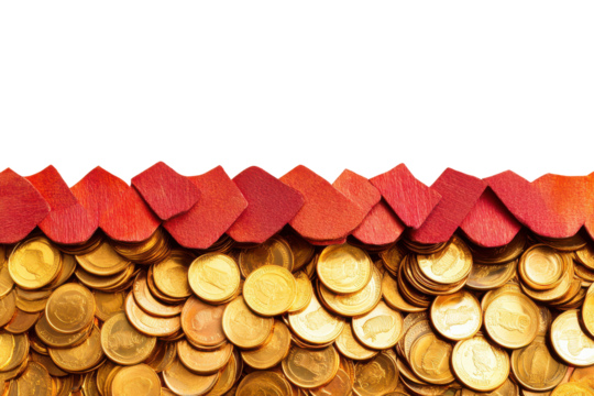 Ancient chinese treasure chest filled with gold coins isolated on transparent background. Gold coins under red house roof isolated on white background.