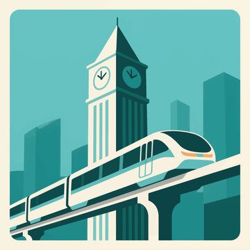 Futuristic monorail train in urban skyline with clock tower under clear sky