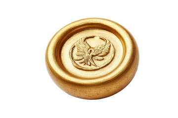 Golden wax seal with eagle emblem isolated on transparent background. Gold wax seal wax stamp isolated on white background.