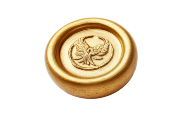 Golden wax seal with eagle emblem isolated on transparent background. Gold wax seal wax stamp isolated on white background.