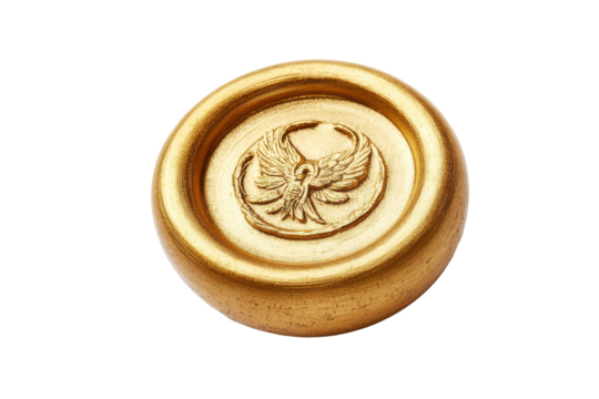 Golden wax seal with eagle emblem isolated on transparent background. Gold wax seal wax stamp isolated on white background.