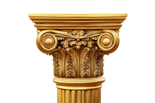 Ornate golden ionic capital architecture element isolated on transparent background. Golden column classic antique gold pillar isolated on white background.