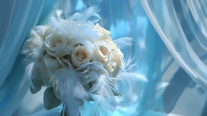 Elegant white rose bouquet adorned with feathers at a tranquil wedding venue under soft blue draping