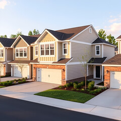 Newly constructed duplex homes in a suburban neighborhood, featuring sustainable materials, individual garages, and landscaped common areas, ideal for multifamily living.