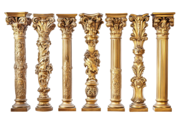 Collection of ornate antique golden columns isolated on transparent background. Golden columns classic antique gold pillars isolated on white background.