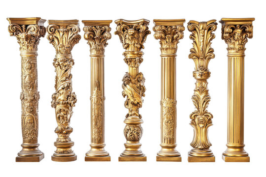 Collection of ornate antique golden columns isolated on transparent background. Golden columns classic antique gold pillars isolated on white background.