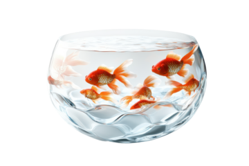 Orange goldfish swimming in a round glass bowl isolated on transparent background. Goldfish in a bowl isolated on white background.
