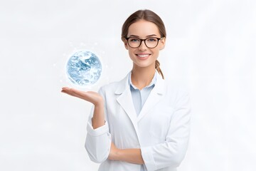 female scientist holding a glowing 3D hologram of Earth with AI satellites around, global AI impact theme, 3d animation, isolated on a white background