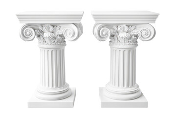 Fragment of ancient greek or roman columns and entablature isolated on transparent background. Greek columns isolated on white background.