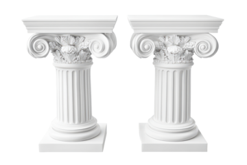 Fragment of ancient greek or roman columns and entablature isolated on transparent background. Greek columns isolated on white background.
