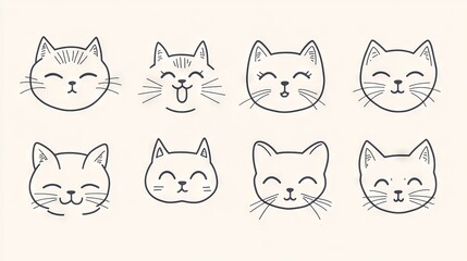 Obraz premium 36.A collection of adorable kitten face icons in a variety of expressions, drawn in a simple contour line art style. Each face showcases different emotions such as happiness, surprise, curiosity, and