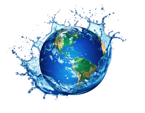 Earth globe surrounded by a splash of cool, clear water, on a black background