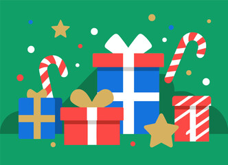 Joyful Christmas gifts and candy canes under festive green background