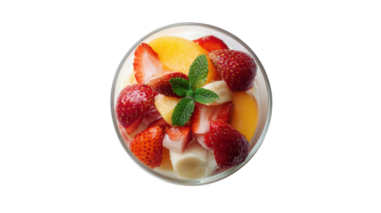 Minimalist flat lay of fruit parfait in bowl, for clean stock image isolated on a Transparent background, PNG file.