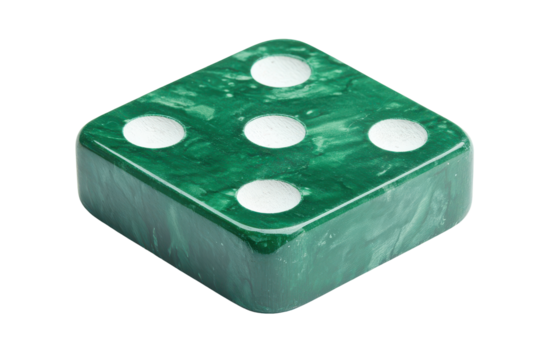 Green marble die with five dots isolated on transparent background. Green board game counter isolated on white background. - Powered by Adobe