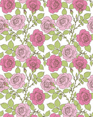 Beautiful floral pattern featuring pink roses and green leaves on transparency background, creating vibrant and elegant design. This pattern is perfect for textiles and home decor