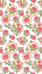 Floral pattern featuring vibrant pink flowers with green leaves transparency background, creating striking and elegant design. This pattern is perfect for textiles, wallpapers, and various