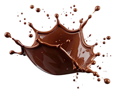 A crown-shaped splash of rich, dark, flowing liquid, with scattered droplets