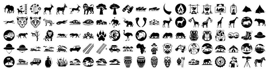 Vector art of collection of safari and wildlife icons featuring animals, vehicles, and camping elements © Abul
