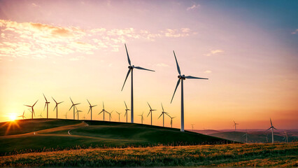 Stunning golden hour illuminates rolling green hills dotted with majestic wind turbines generating...