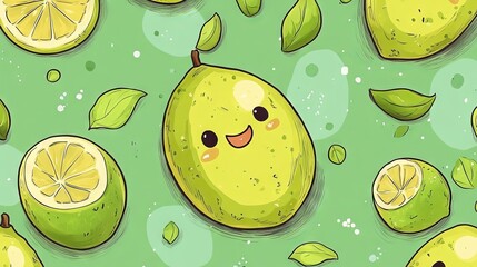 98.Seamless pattern design with cute fruit characters. Repeat tile with kawaii lemon and lime drawing