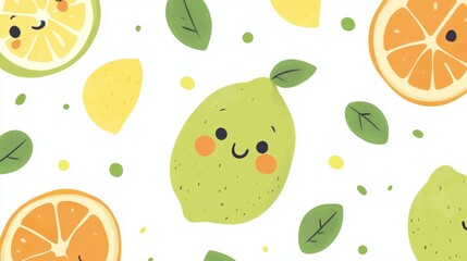 98.Seamless pattern design with cute fruit characters. Repeat tile with kawaii lemon and lime drawing