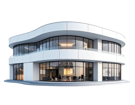 Modern two-story curved building with floor-to-ceiling glass windows and white facade