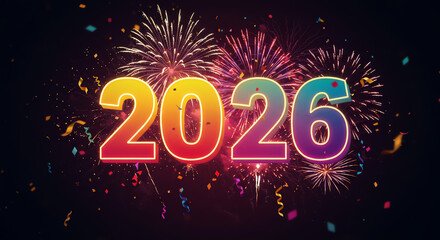 Year 2026 with fireworks and confetti celebration