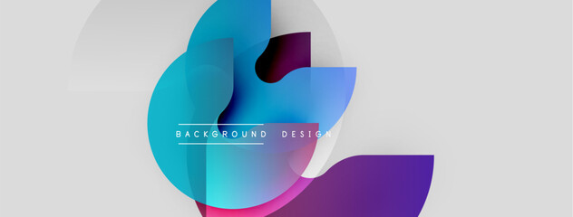 Abstract design features vibrant overlapping circles. Blue, purple hues create modern aesthetic. Minimalist style, clean background.