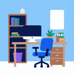 Fototapeta premium Modern minimalist workspace with vibrant blue chair and bookshelf under clear sky