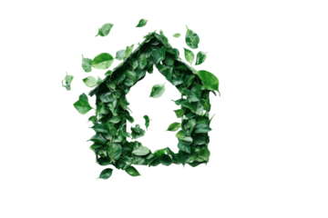 Small wooden shed covered in lush green ivy isolated on transparent background. Green eco house icon made of leaves isolated on white background.