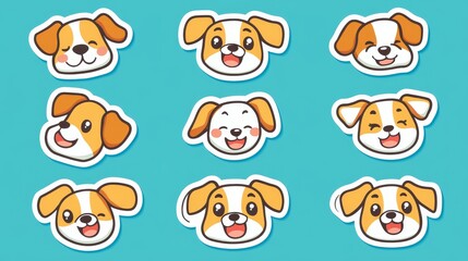 Fototapeta premium 54.A set of adorable dog sticker icons, each showcasing different playful expressions such as excitement, happiness, and curiosity. The designs are outlined in a thick, bold stroke for a modern and