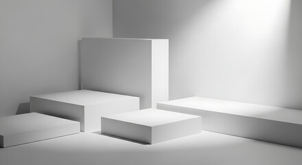 Minimalist White Product Display Platforms in a Corner with Soft Lighting for Presentation and Marketing