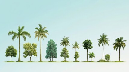 79.A variety of palm tree silhouettes depicting different growth stages, from small saplings to fully mature towering palms, arranged in a structured grid format for easy use in design projects.