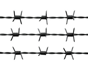Close-up of three parallel lines of black barbed wire, isolated on black