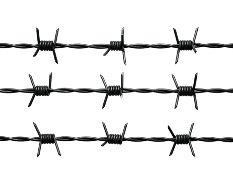 Close-up of three parallel lines of black barbed wire, isolated on black