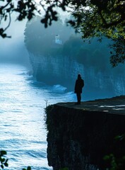 Cliffside figure gazes at hazy ocean, framed by leafy trees